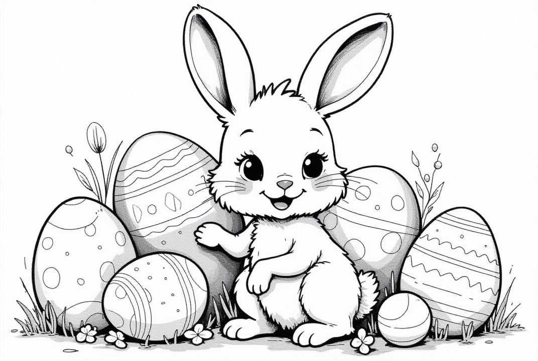 Dibujo para colorear conejito de pascua con huevos en el jardA­n.