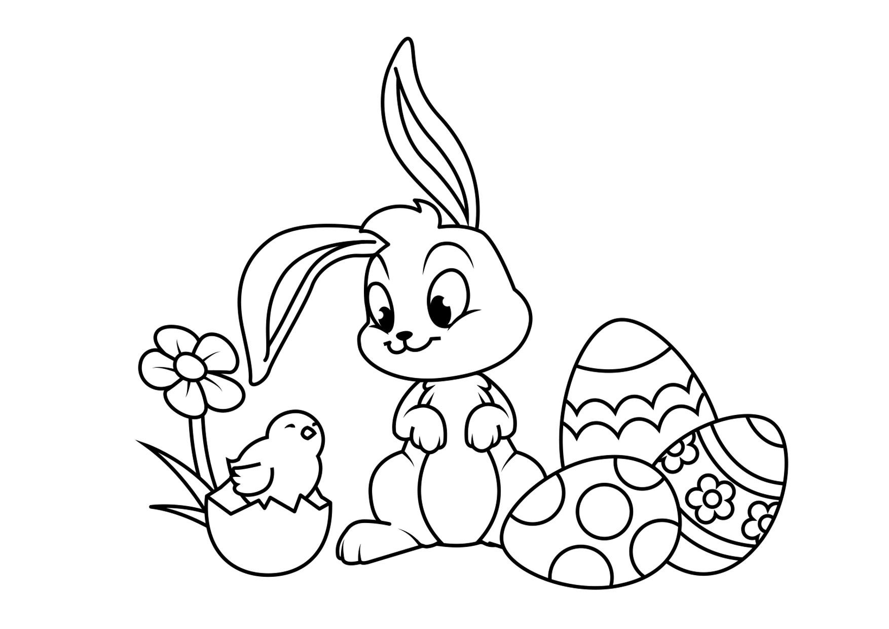 Dibujo para colorear conejito de pascua con pollito