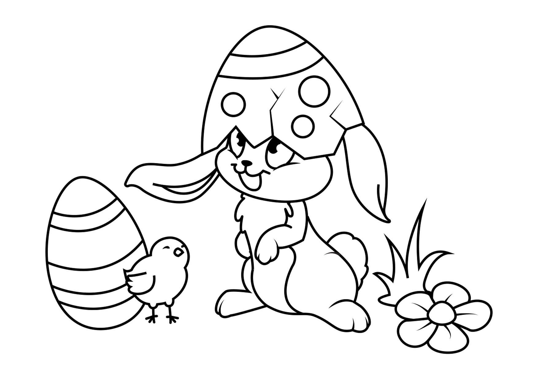 Dibujo para colorear conejito de pascua con pollito
