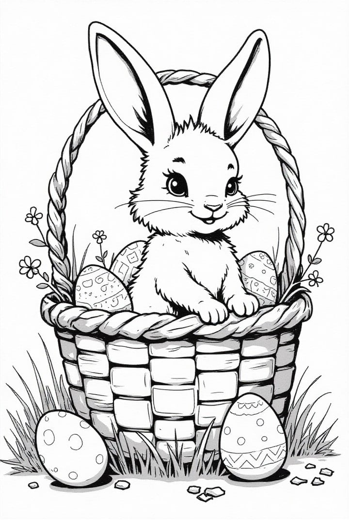 Dibujo para colorear conejito de pascua en canasta de pascua con huevos