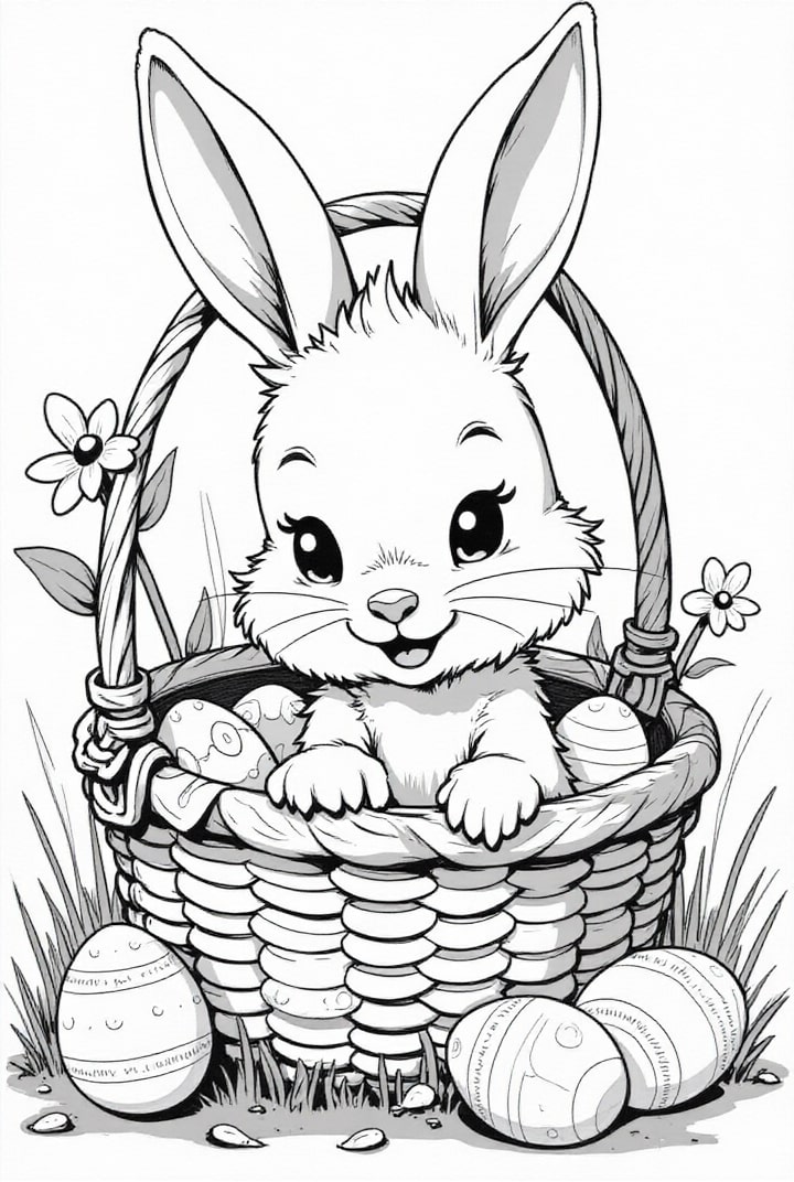 Dibujo para colorear conejito de pascua en la canasta de pascua