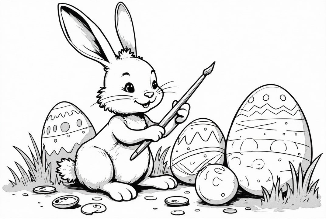 Dibujo para colorear conejito de pascua pintando huevo