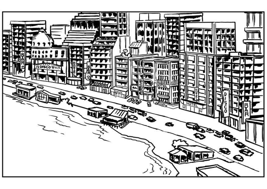 Dibujo para colorear costa con apartamentos