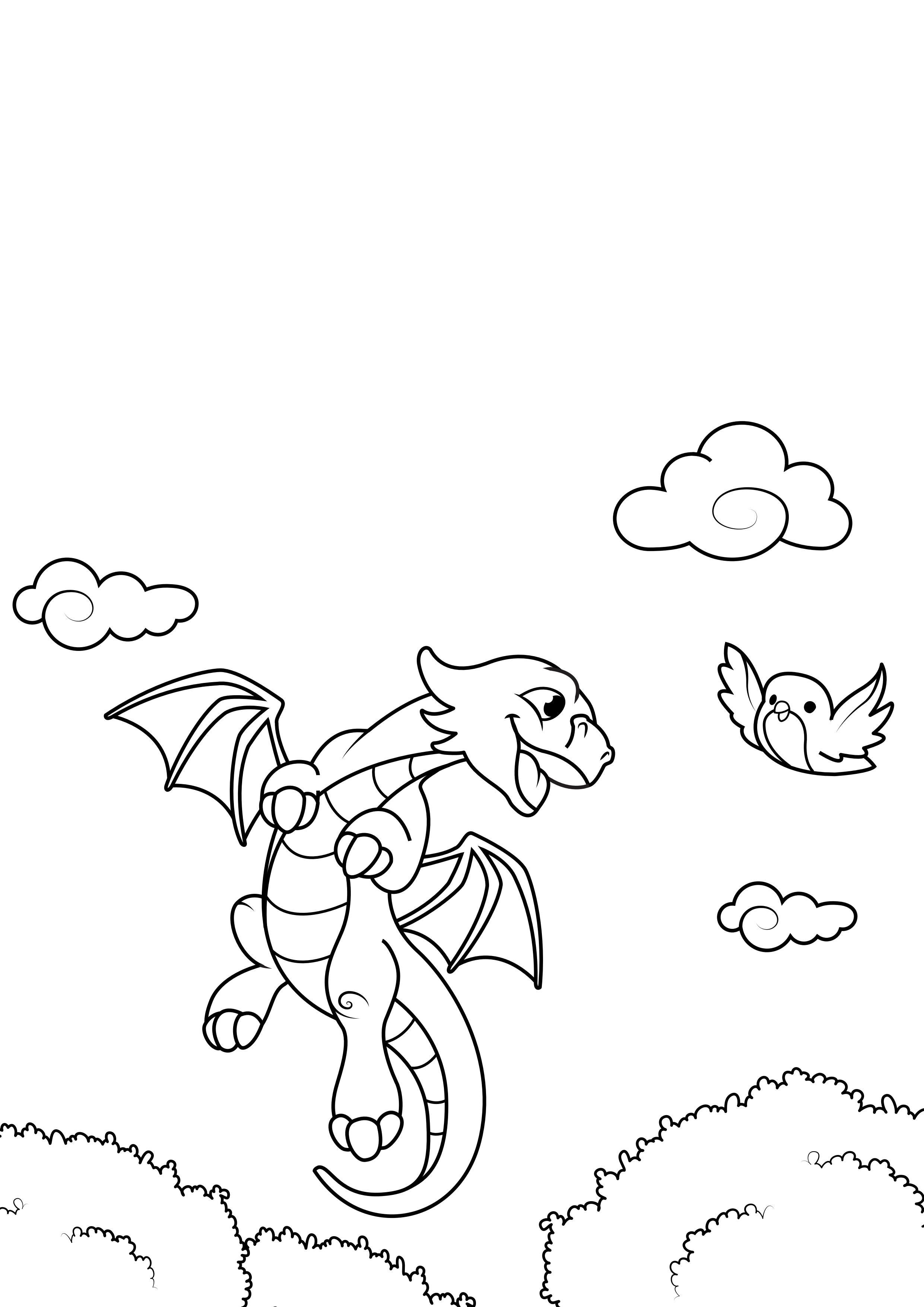 Dibujo para colorear dragA³n vuela con pA¡jaro