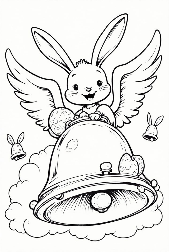 Dibujo para colorear el conejito de pascua vuela en el reloj