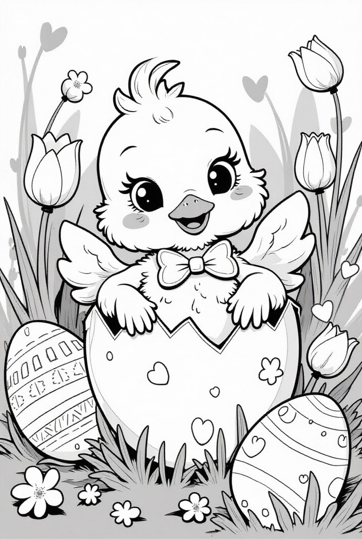 Dibujo para colorear el pollito de pascua sale del huevo