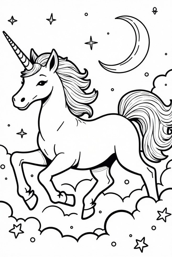 Dibujo para colorear el unicornio galopa por la noche