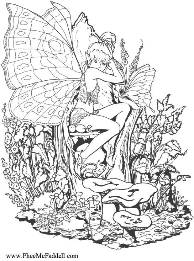 Dibujo para colorear elfo chica en el bosque