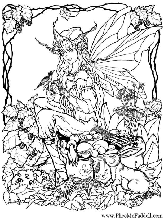 Dibujo para colorear elfo en el bosque
