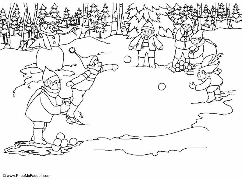 Dibujo para colorear elfos, tirar bolas de nieve