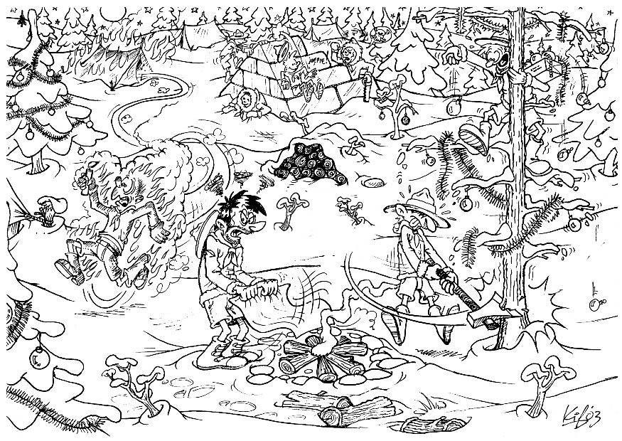 Dibujo para colorear exploradores en el campamento de invierno