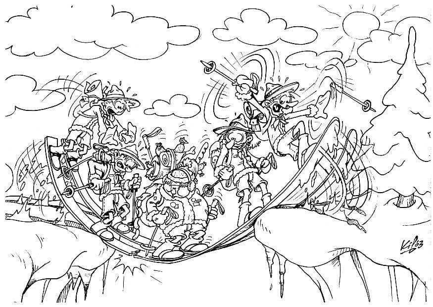 Dibujo para colorear exploradores en el campamento de invierno