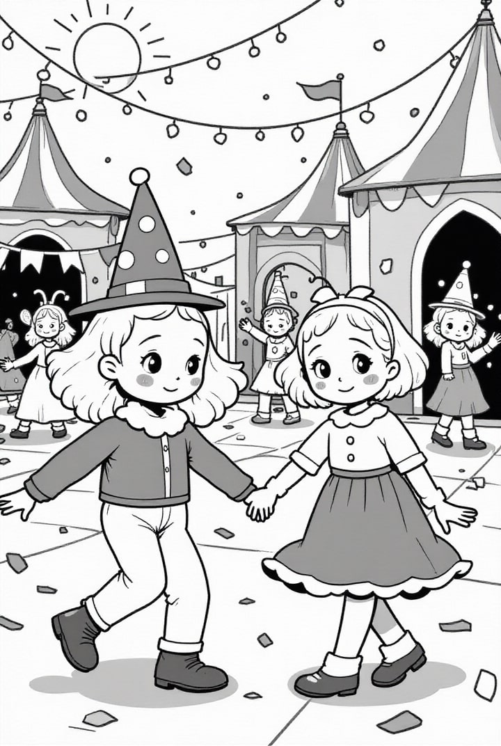 Dibujo para colorear fiesta de carnaval en la plaza