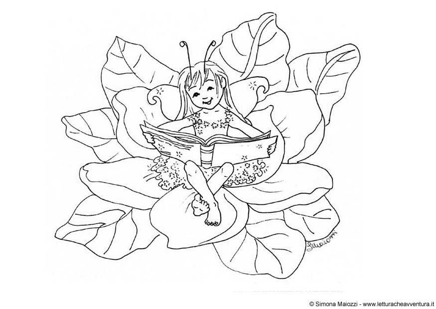 Dibujo para colorear hada con libro