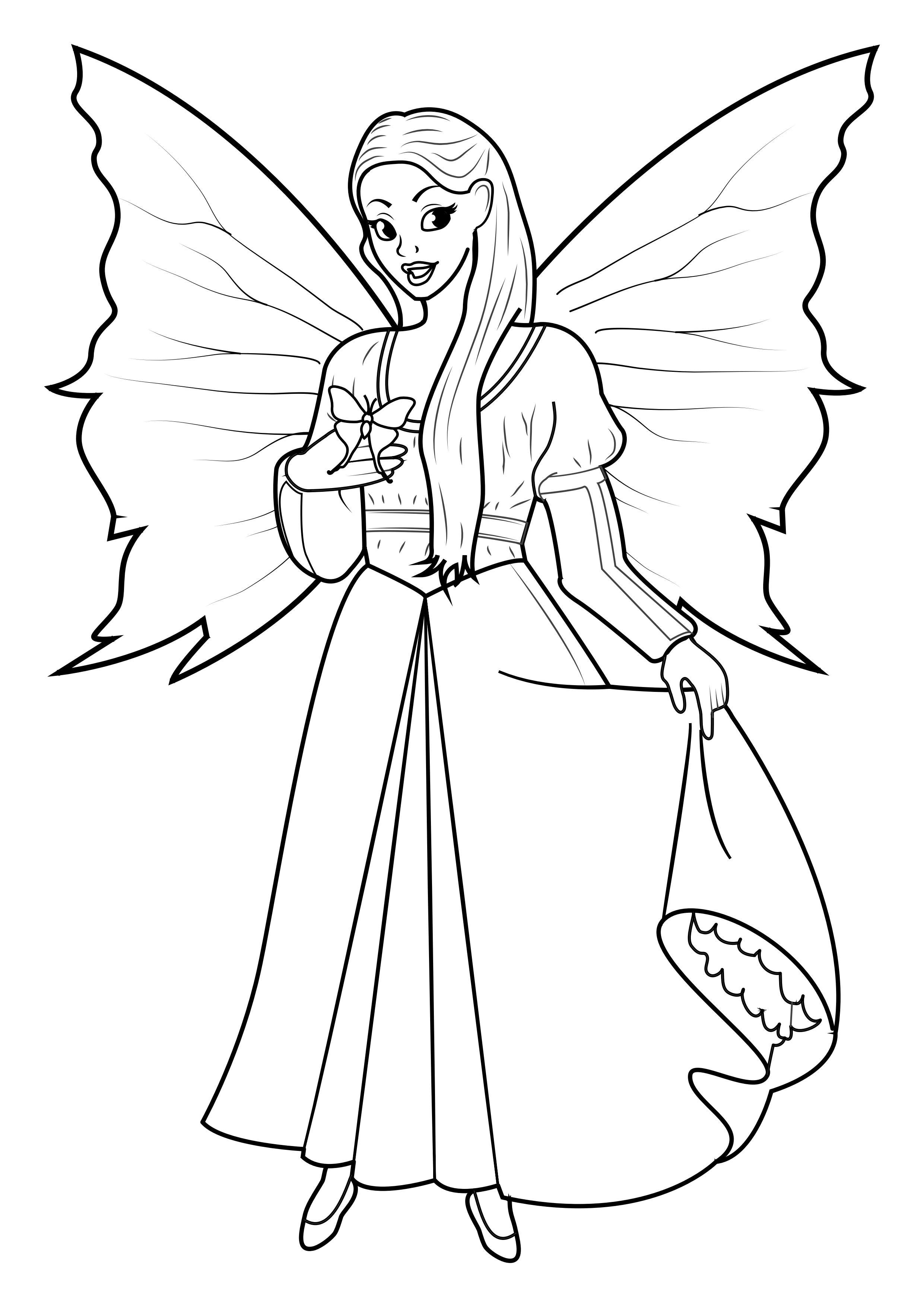 Dibujo de hada con vestido y mariposa Para Colorear Img 31598