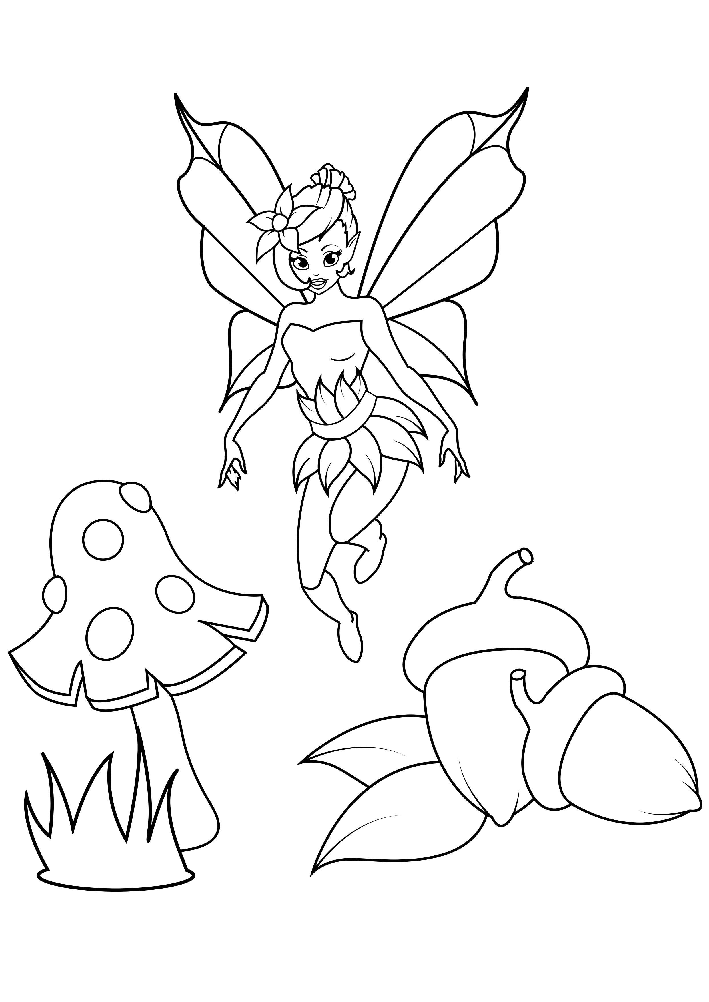 Dibujo para colorear hada en otono