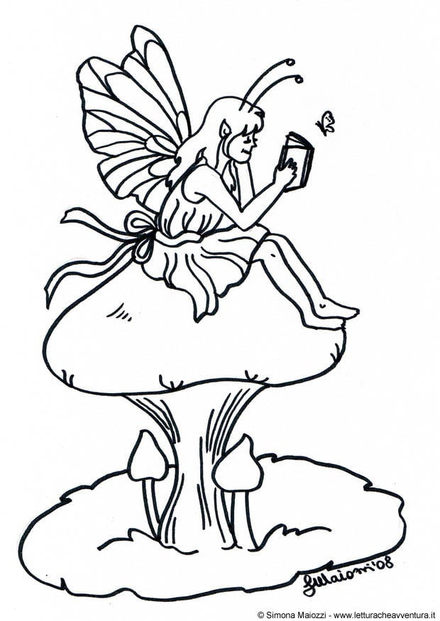 Dibujo para colorear hada en seta