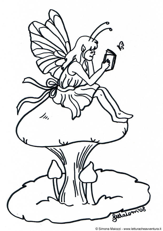 Dibujo para colorear hada en seta
