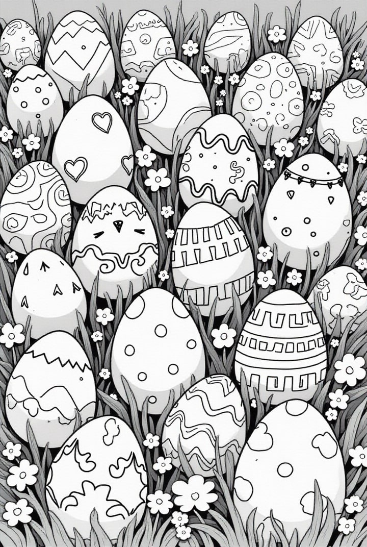 Dibujo para colorear huevos de pascua en la hierba
