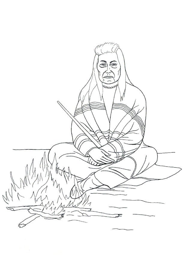 Dibujo para colorear indio en fogata