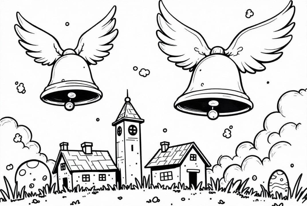 Dibujo para colorear las campanas de pascua ondean sobre el pueblo