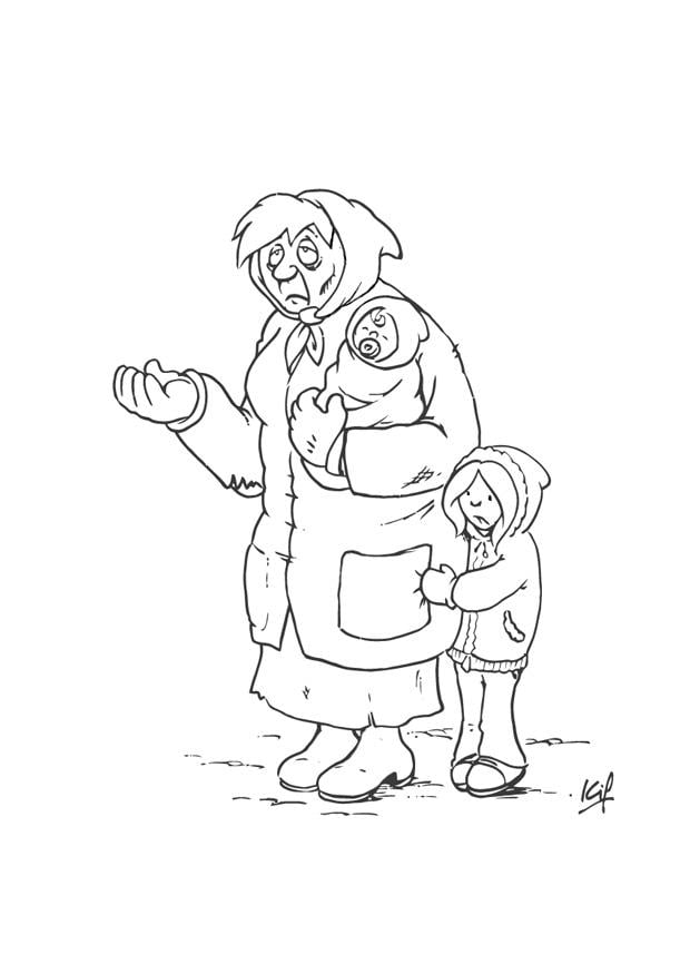 Dibujo para colorear mendiga con nino
