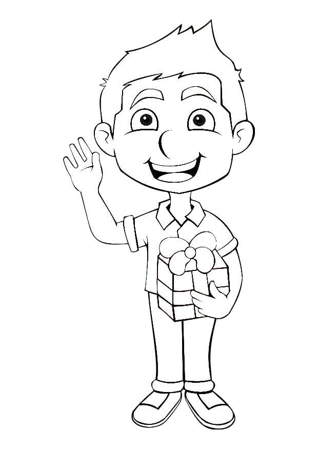 Dibujo para colorear nino con regalo 
