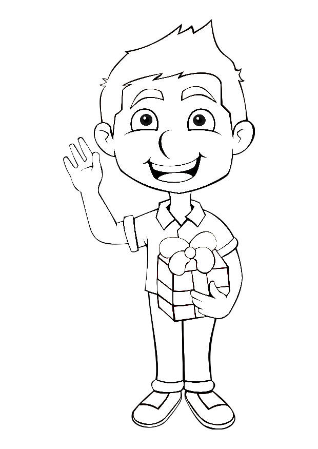 Dibujo para colorear nino con regalo 