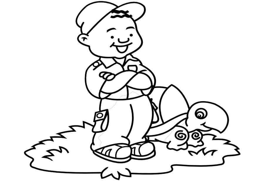 Dibujo para colorear nino con tortuga