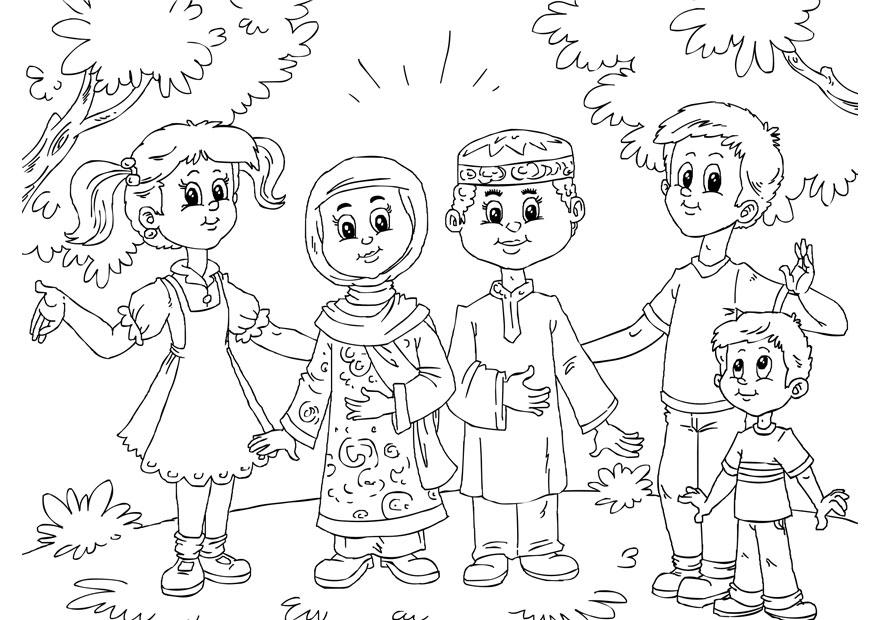 Dibujo para colorear ninos musulmanes con ninos occidentales