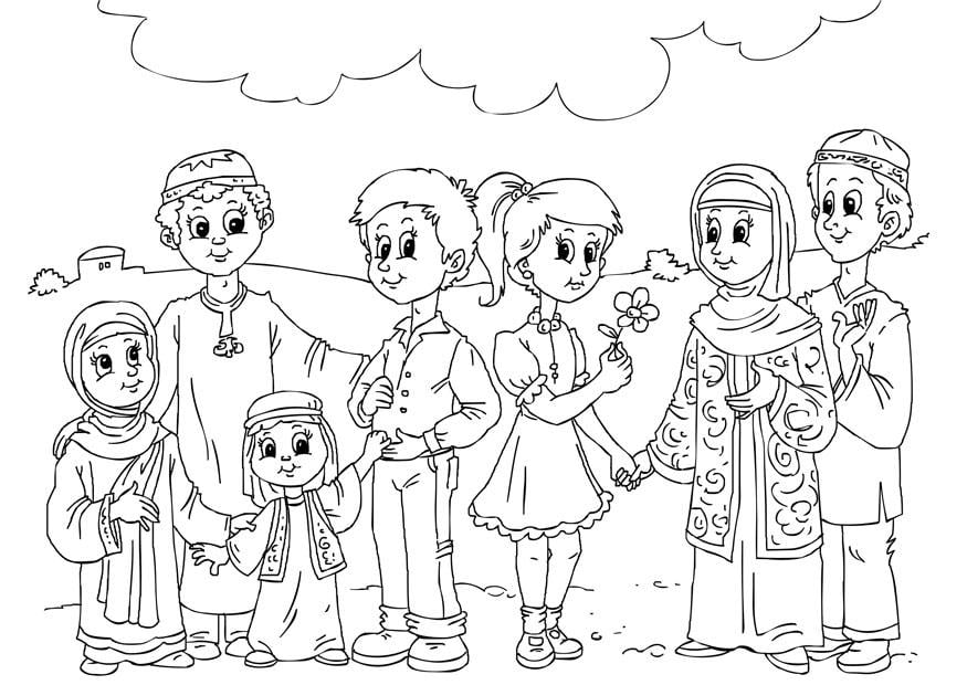 Dibujo para colorear ninos occidentales en la cultura musulmana