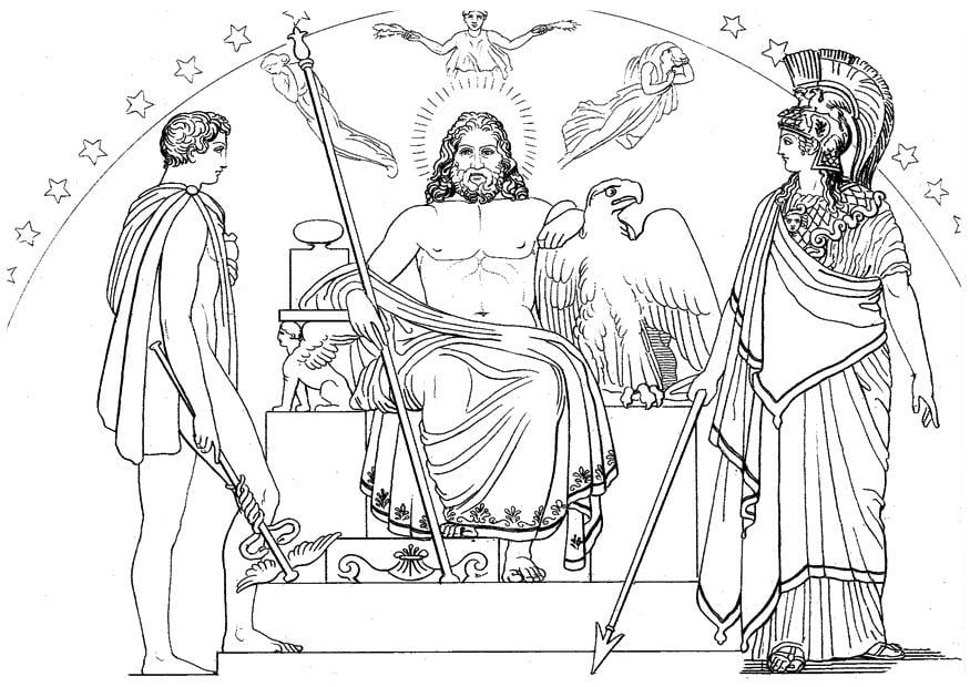 Dibujo para colorear odisea - hermes, zeus y atenea