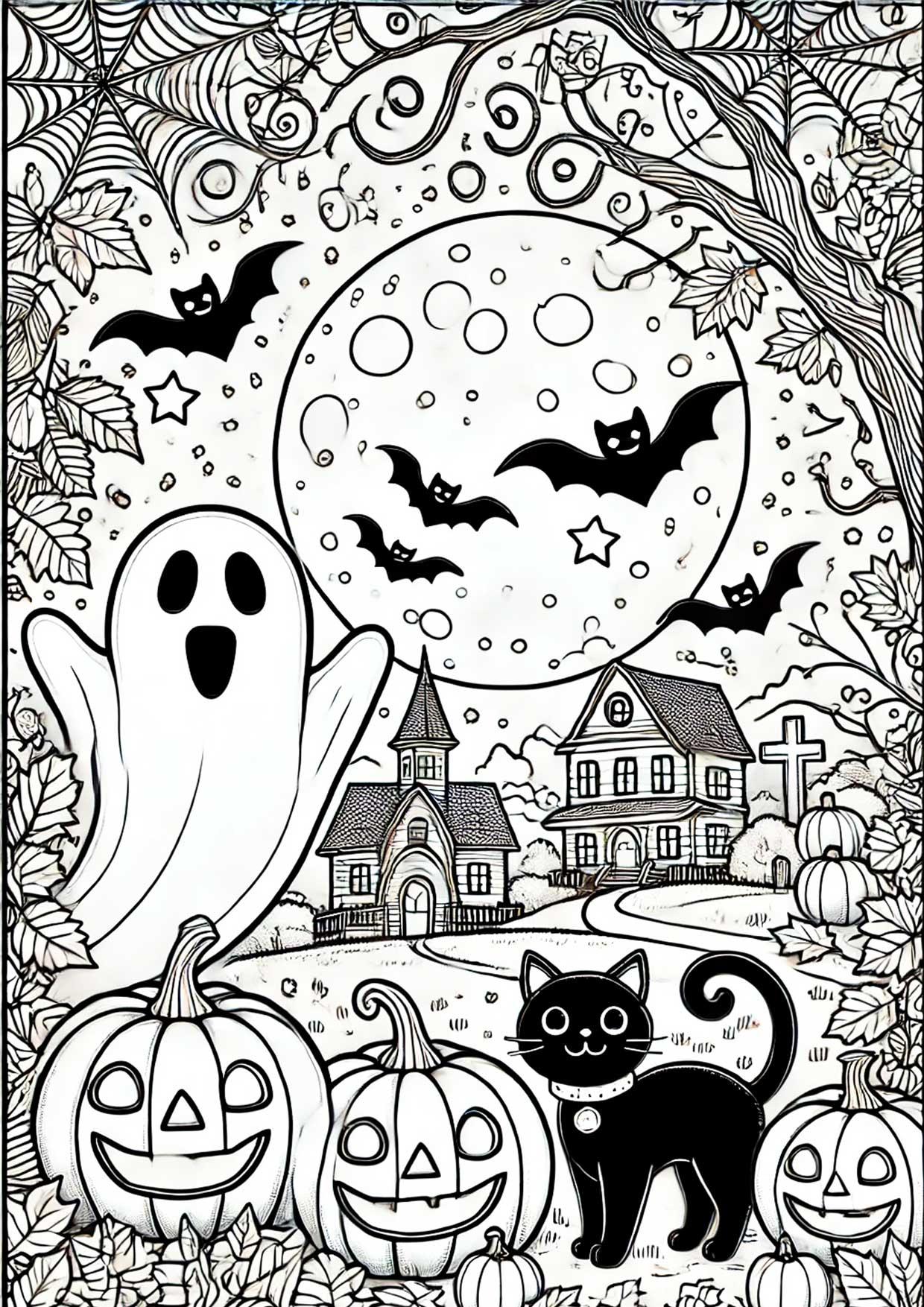 Dibujo para colorear paisaje de halloween