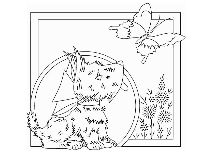 Dibujo para colorear perro con mariposa