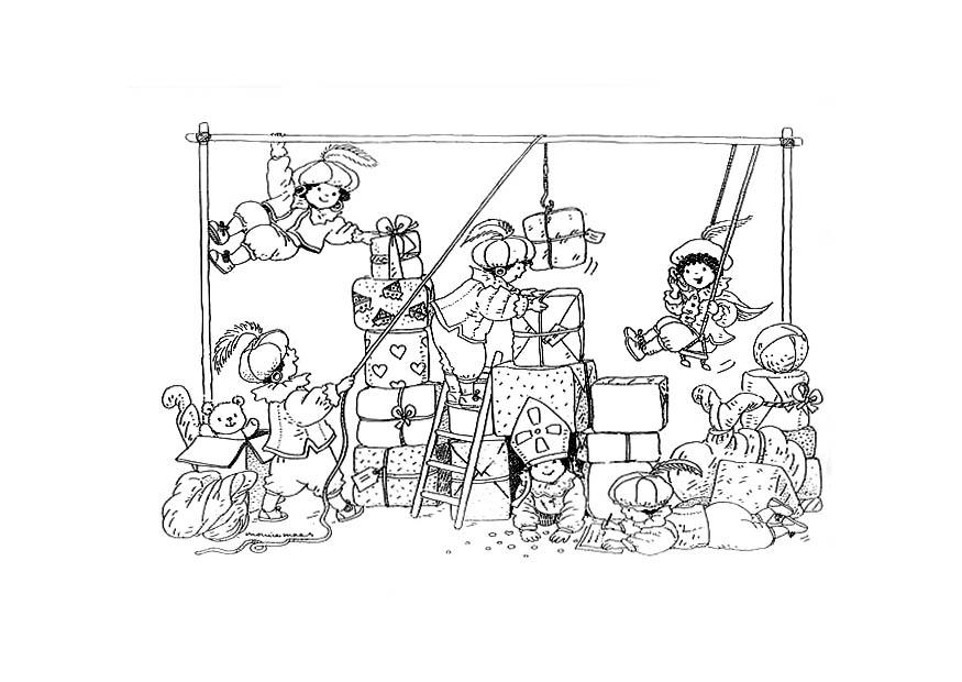 Dibujo para colorear pieten envolviendo los regalos