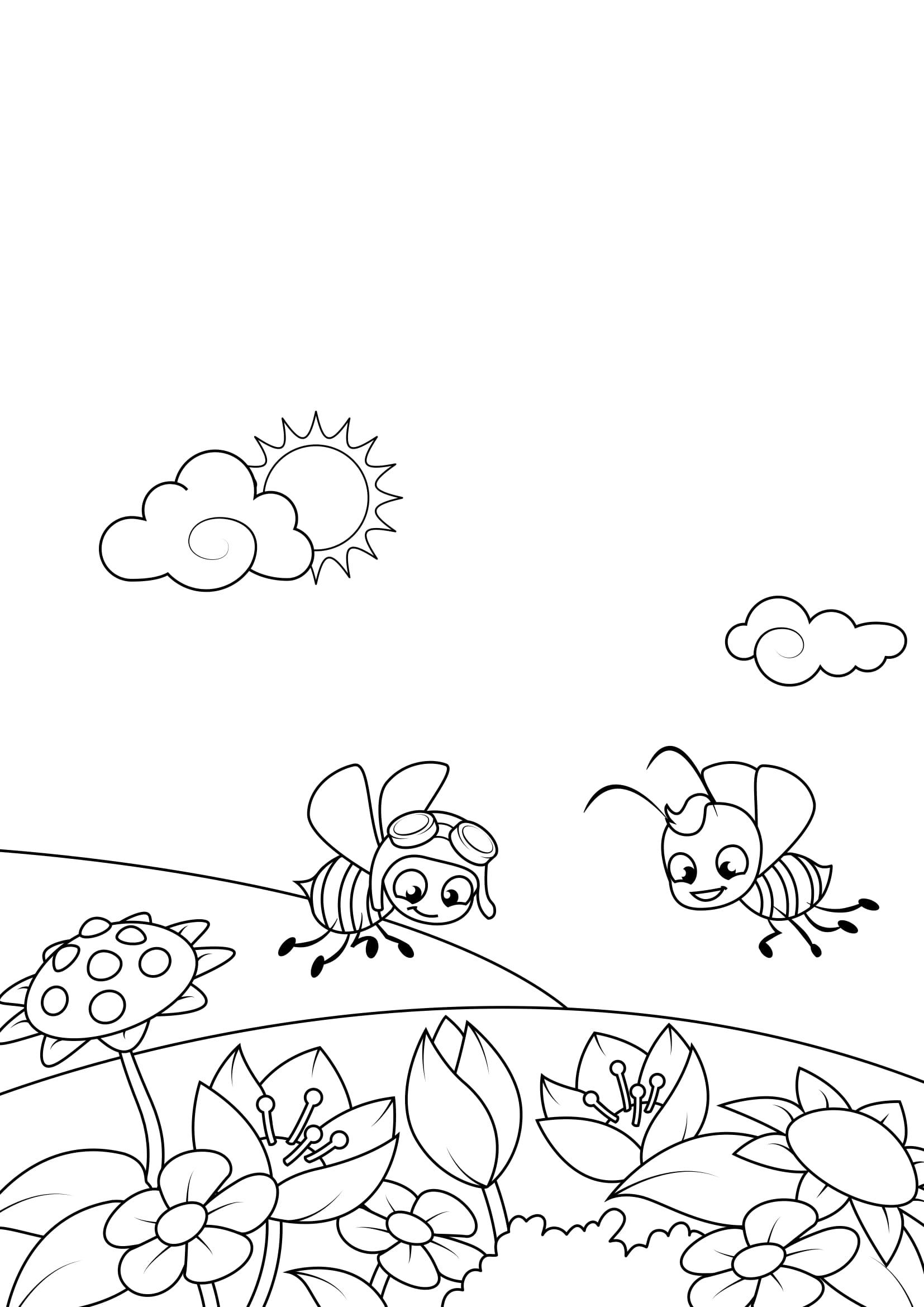 Dibujo para colorear primavera, abejas en el jardA­n