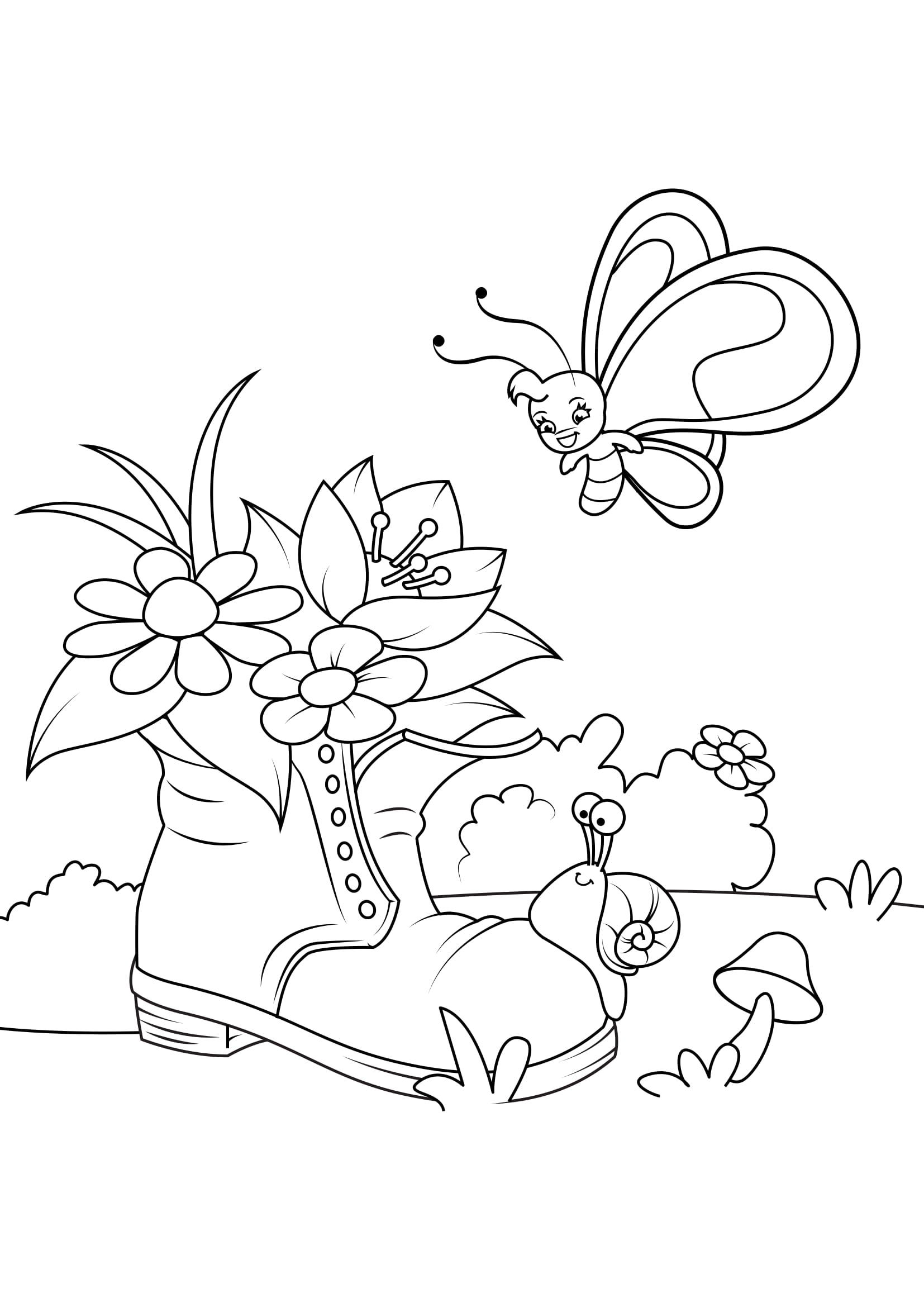 Dibujo para colorear primavera, mariposa en el jardA­n