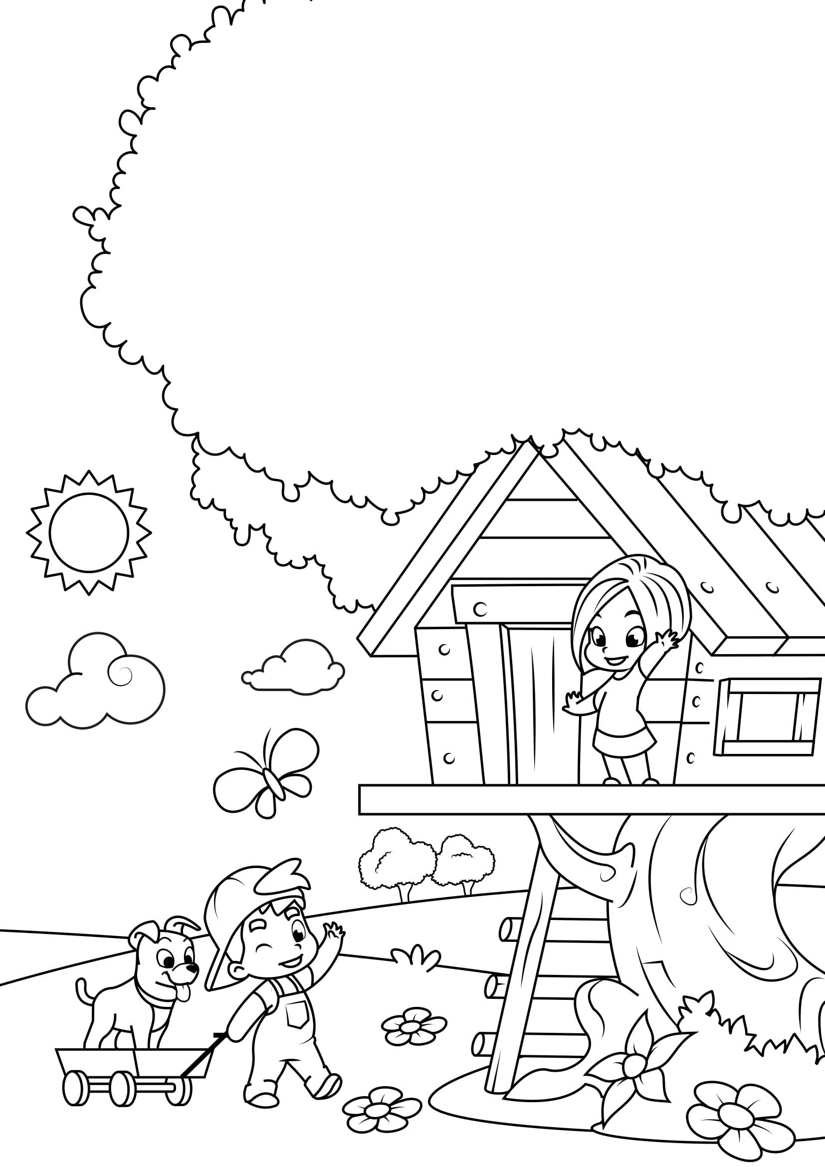 Dibujo para colorear primavera - jugando en la casa del A¡rbol