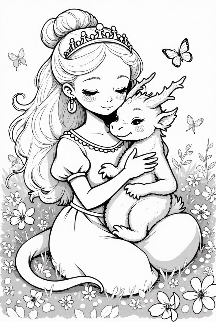 Dibujo para colorear princesa con bebe dragon