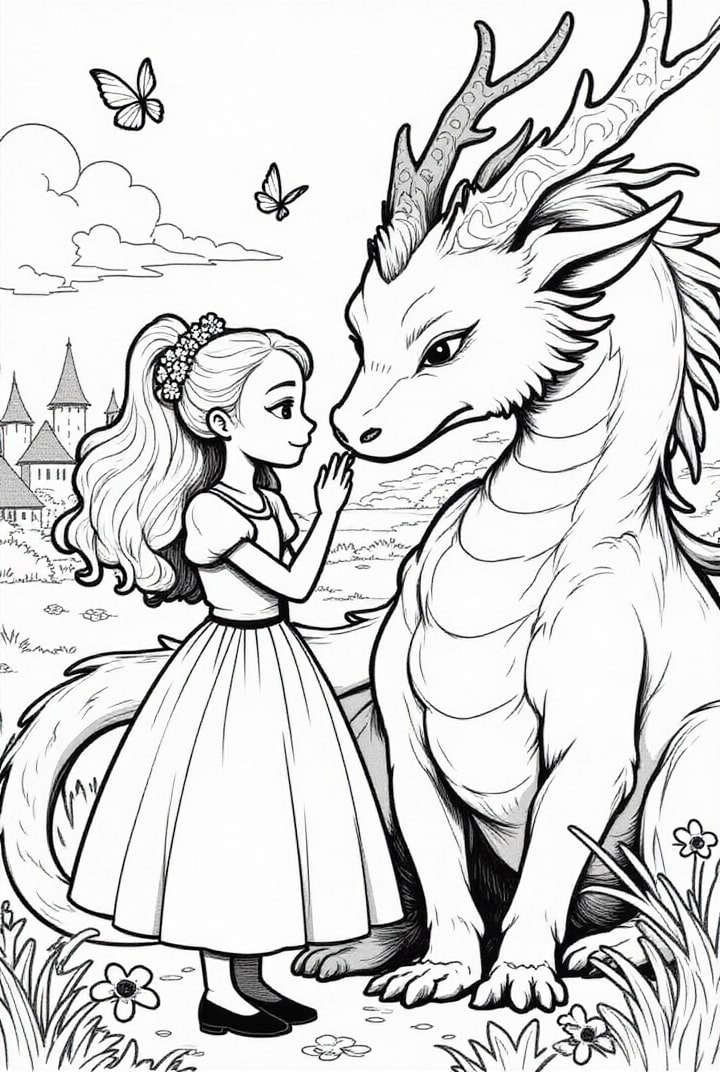 Dibujo para colorear princesa con su amigo dragA³n