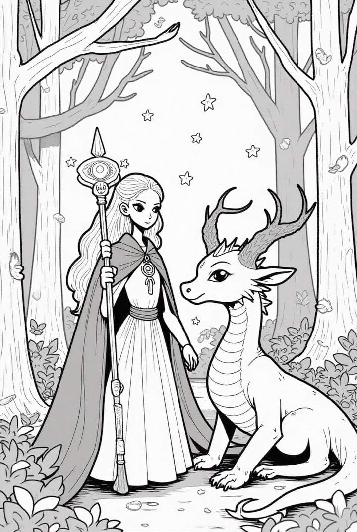 Dibujo para colorear princesa en el bosque con dragA³n