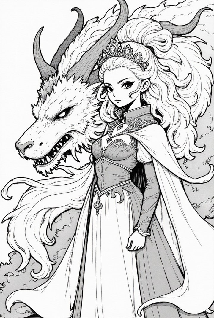 Dibujo para colorear princesa guerrera con su dragA³n