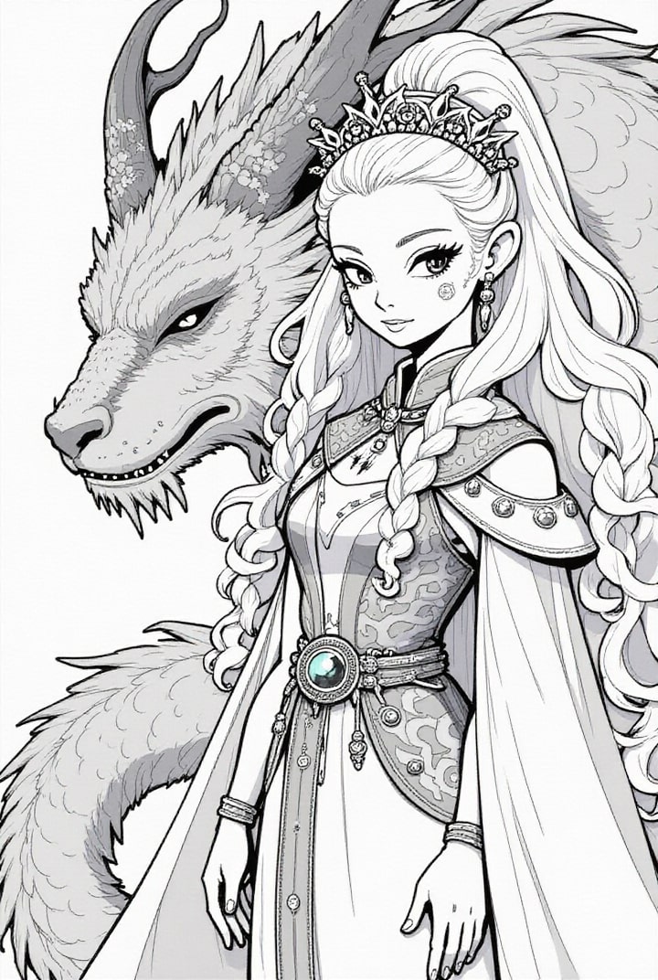 Dibujo para colorear princesa guerrera con su dragA³n