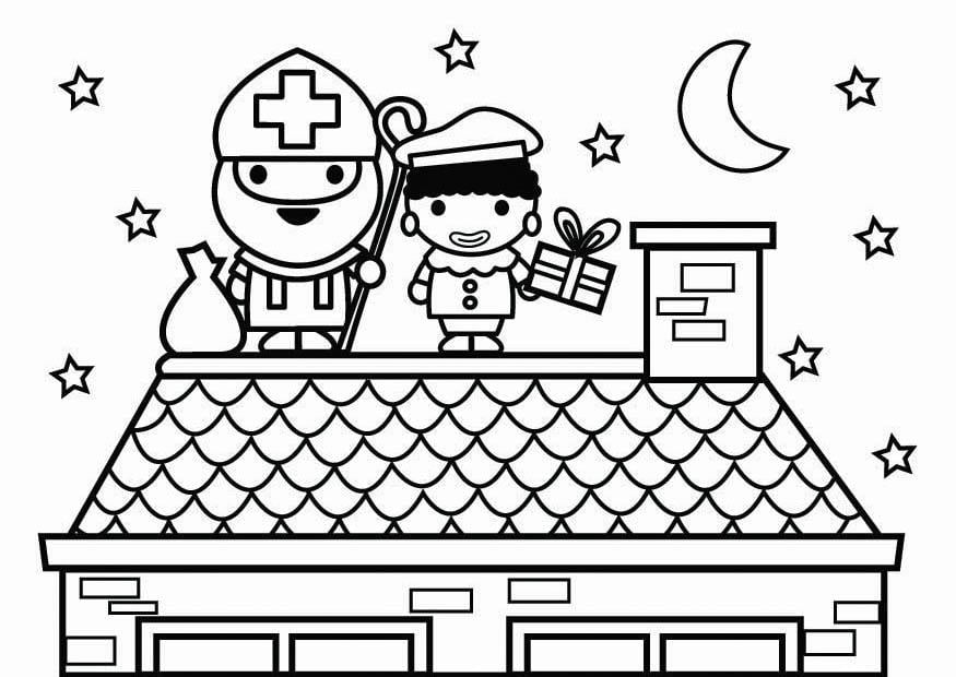 Dibujo para colorear san nicolA¡s y piet en el tejado