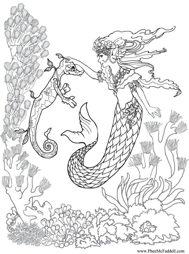 Dibujo para colorear sirena con caballito de mar