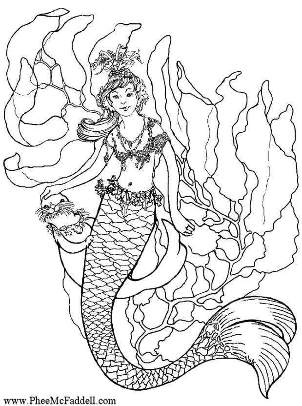 Dibujo para colorear sirena en el agua