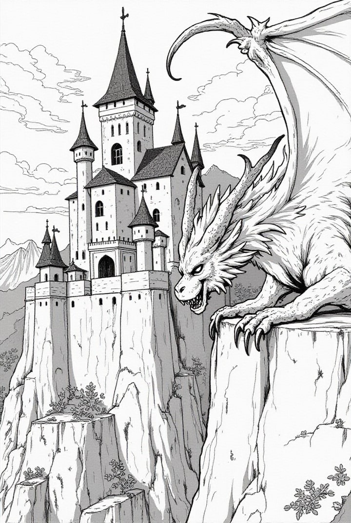 Dibujo para colorear un dragA³n feroz guarda el castillo