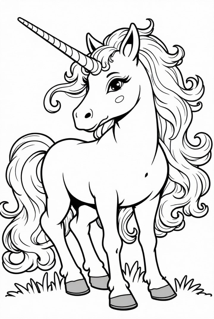 Dibujo para colorear unicornio en el prado