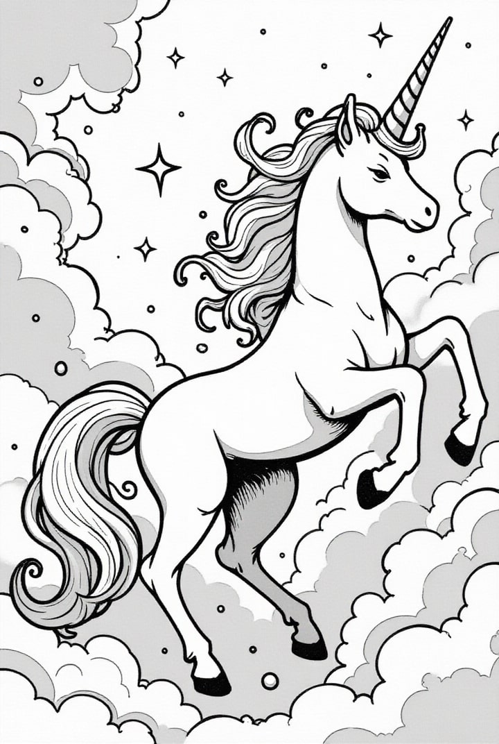 Dibujo para colorear unicornio en las nubes