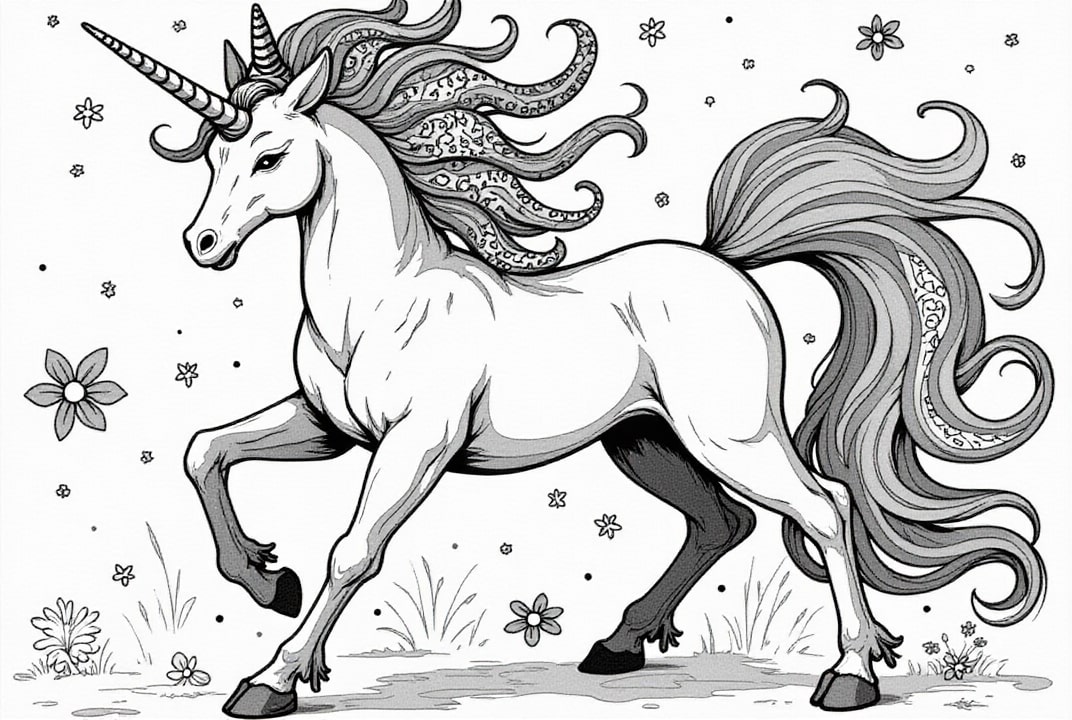 Dibujo para colorear unicornio mA¡gico en el prado
